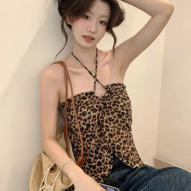 外貿原版豹紋露背掛脖吊帶小背心女春夏修身不規則辣妹上衣外穿