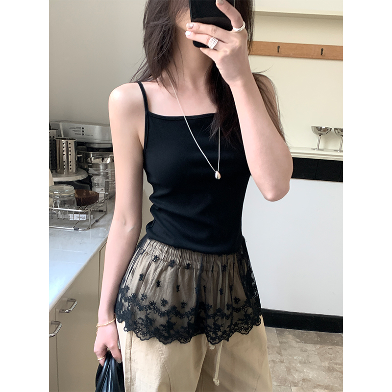 Real photo of women's lace spliced ​​lace suspender vest 2025 spring and summer belly covering white bottoming top
