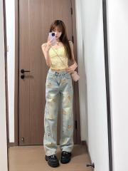 韓國chic2025春裝牛仔褲女直筒褲新款設計感重工小狗刺繡闊腿褲子
