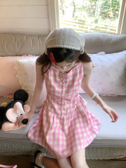 Real photo of pink plaid vest dress for women with small suspender design short skirt