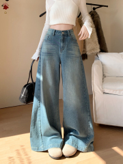 Real shot #high waist straight jeans for women loose retro washing design big trousers feet floor trousers