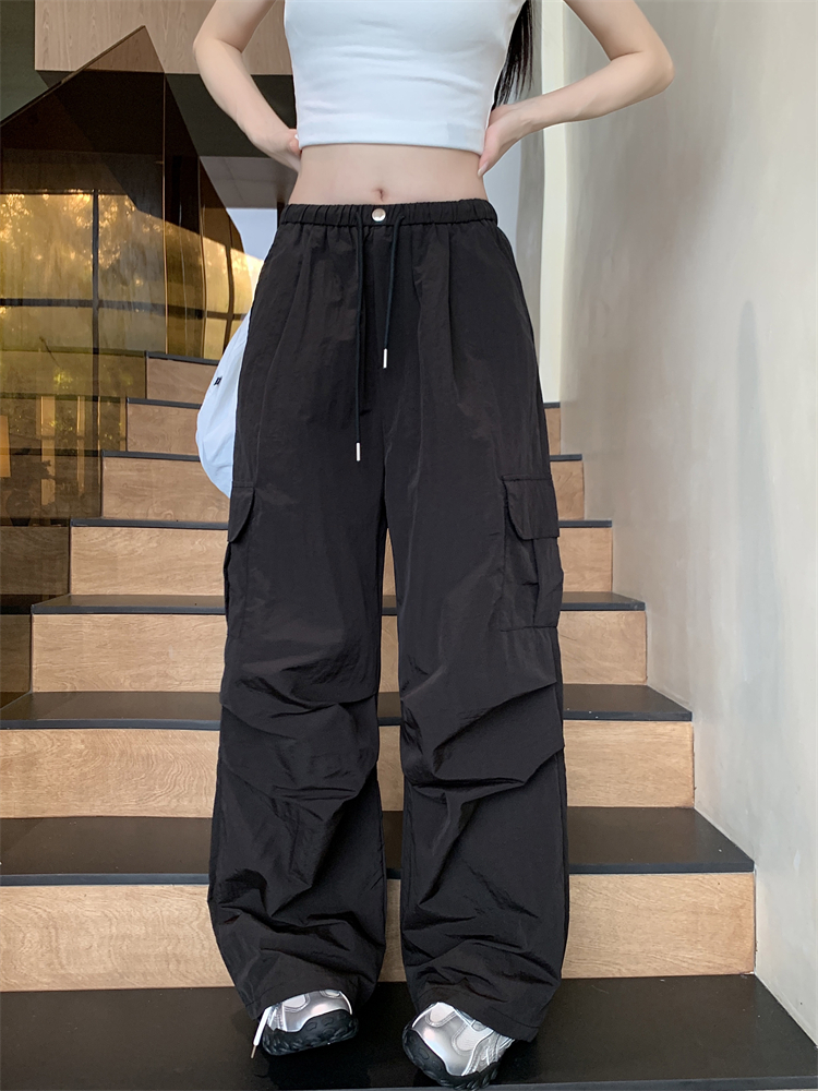 Real shot ~ American straight-leg work pants for women white high waist wide-leg hot girl casual drawstring parachute pants