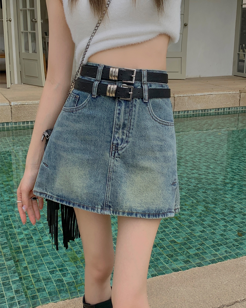 Real shot Korean retro denim skirt female hot girl with high waistlined belt