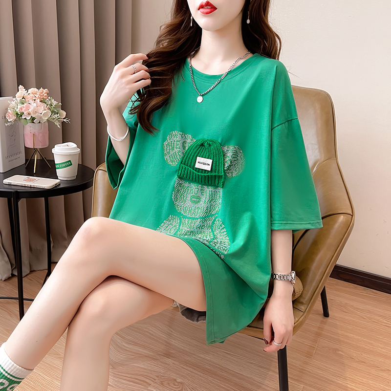 實拍6535棉慵懶風2025夏季字母熊印花圓領短袖寬鬆T恤女