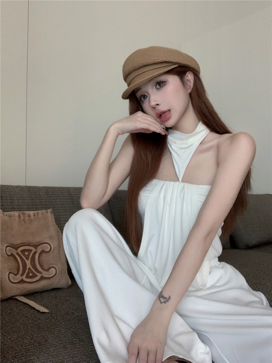 Real shot of retro sexy temperament strapless neck halter top hip skirt dress + versatile wide-leg trousers for women