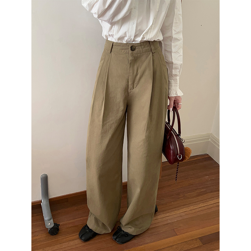 Real-life simple pleated loose straight-leg casual pants for women 2025 spring and summer new high-waist slimming wide-leg floor trousers