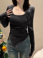1*1 230克德絨辣妹U領鎖骨上衣正肩內搭長緊身顯瘦不規則T恤
