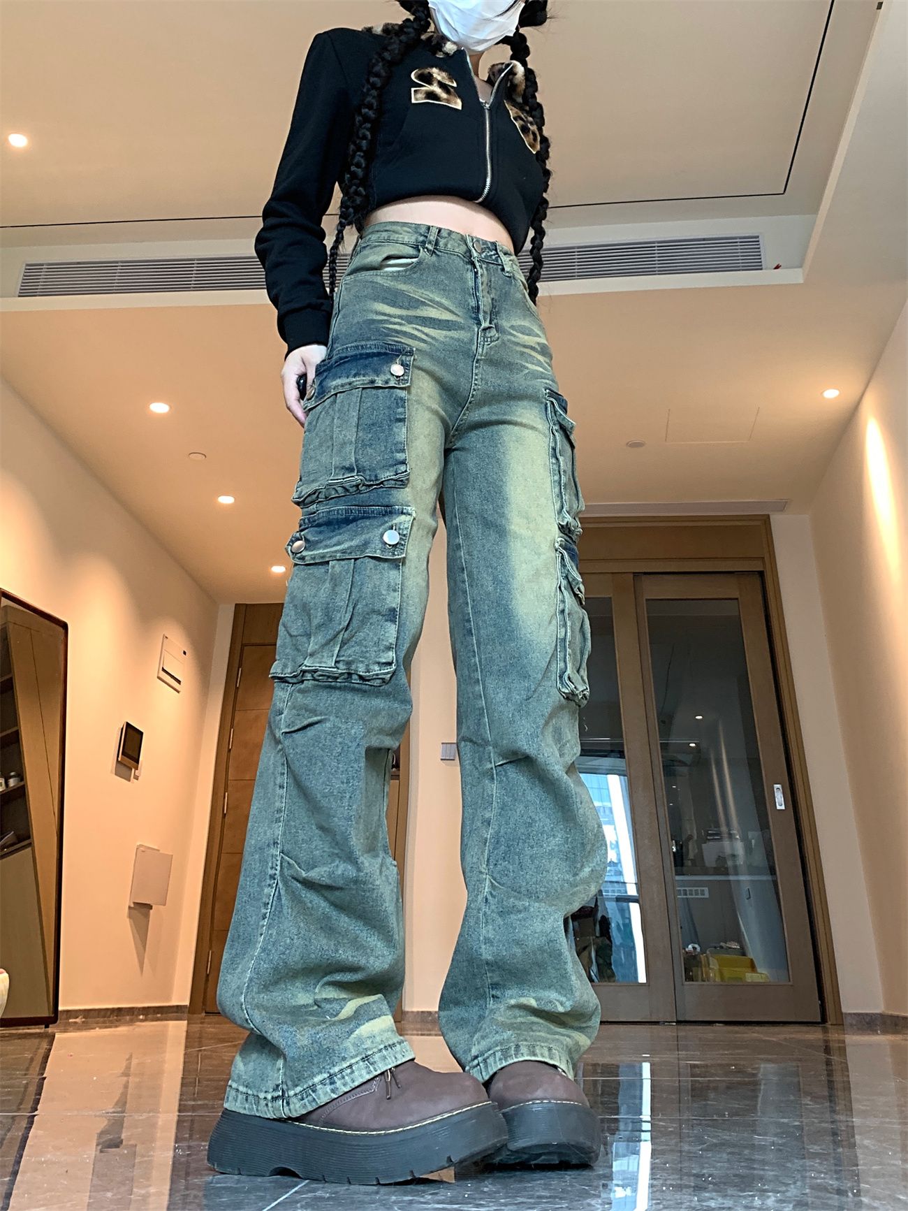Real shot~ Working jeans for men and women retro wasteland color pocket loose hip-hop wide-leg drooping pants