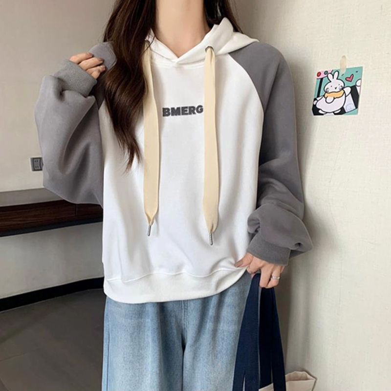美式插肩連帽長袖衛衣女春秋短款寬鬆外套小個子正肩高腰