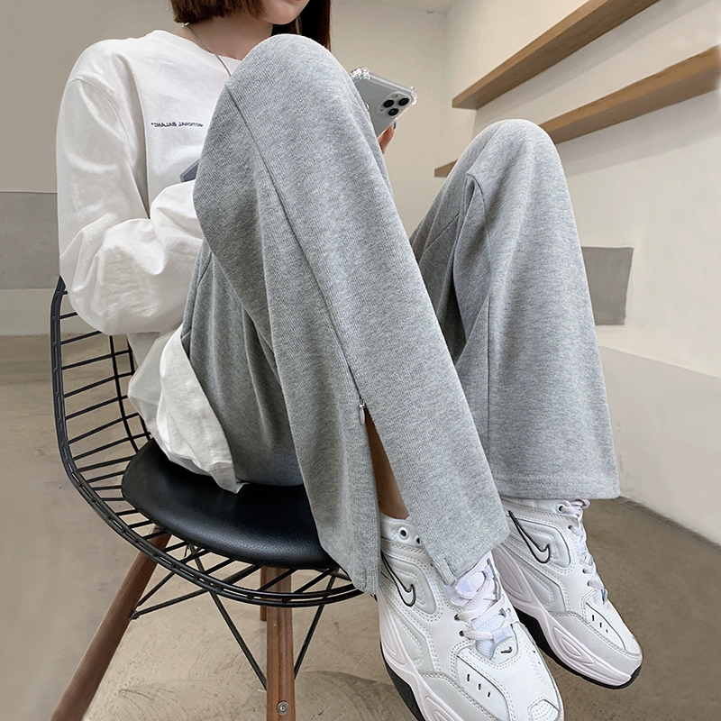 Foreign trade grey sweatpants for women ins sweatpants spring and summer new loose high waist straight-leg casual slit trousers