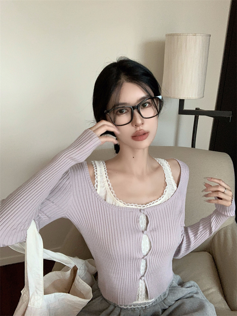 Real shot of temperament splicing fake two-piece top lace knit sweater cardigan top