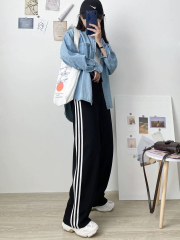 Foreign trade striped sports pants loose three-bar spring and autumn high waist drooping slim and versatile small wide-leg school pants