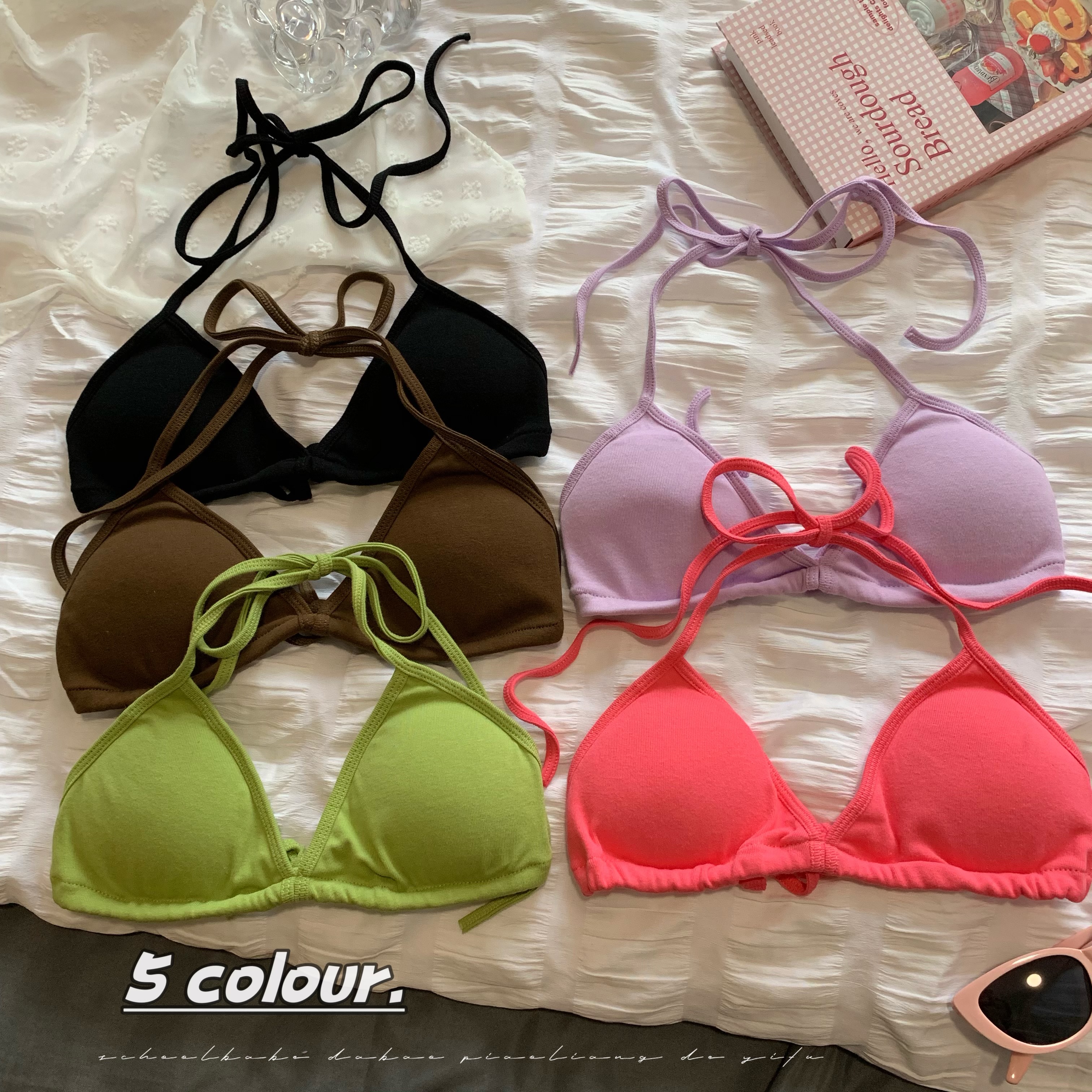 Real shot of sexy straps and neck lingerie summer triangle cup with beautiful back bikini short bra top