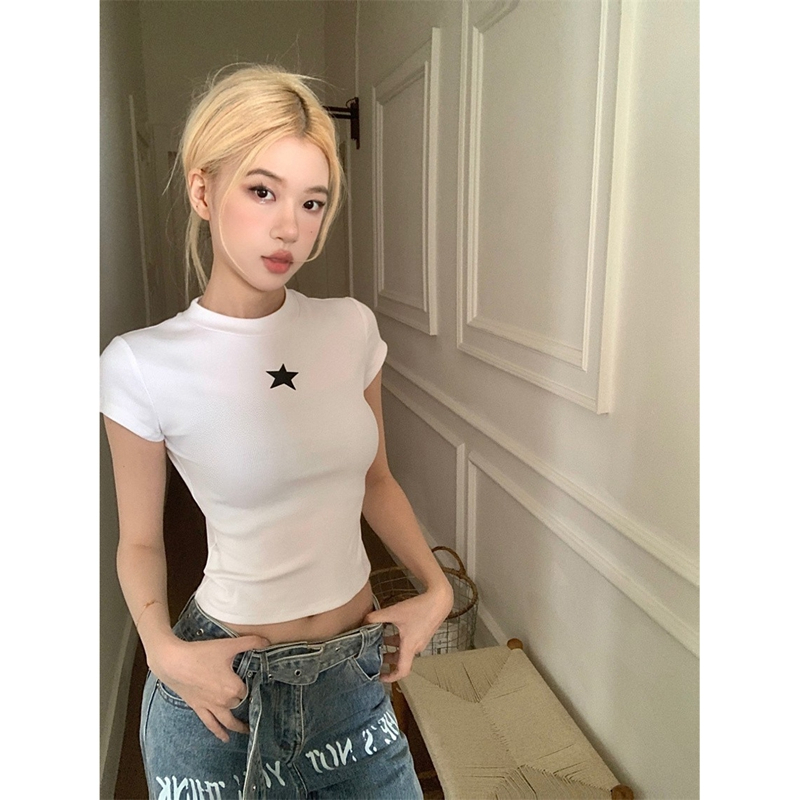 South Korea's foreign trade Korean summer new American retro star print white front shoulder short-sleeved versatile top