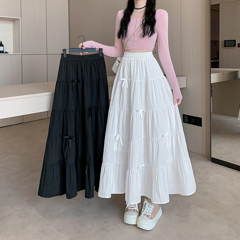 Real photo of white bow splicing skirt for women with slim big hem skirt versatile drooping A-line cake umbrella skirt