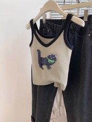 帶胸墊40支210克92棉8氨綸v領針織卡通吊帶背心