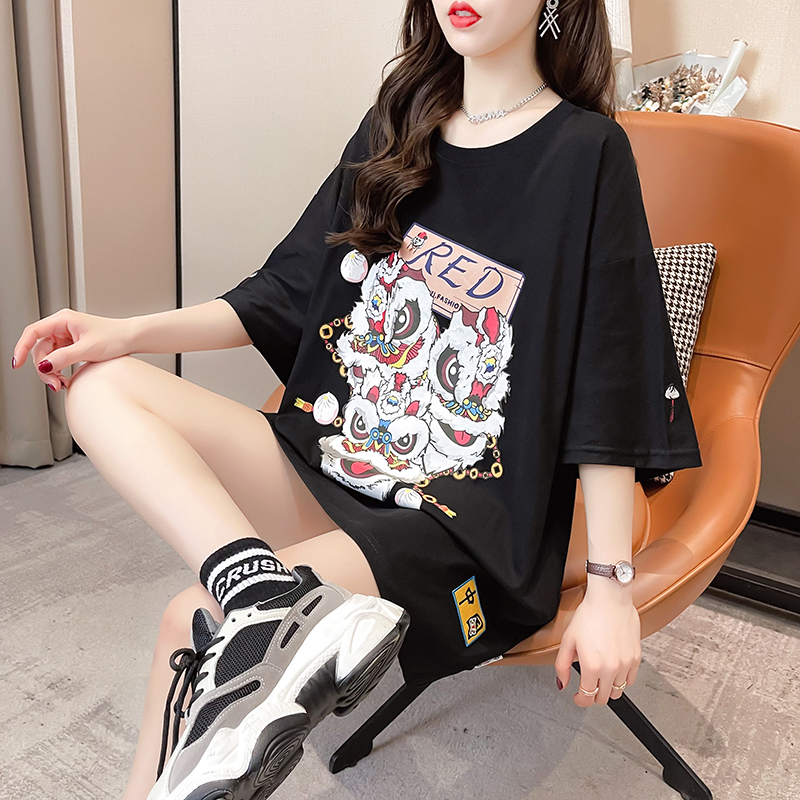 6535棉實拍夏季2025卡通舞獅印花短袖圓領寬鬆T恤女