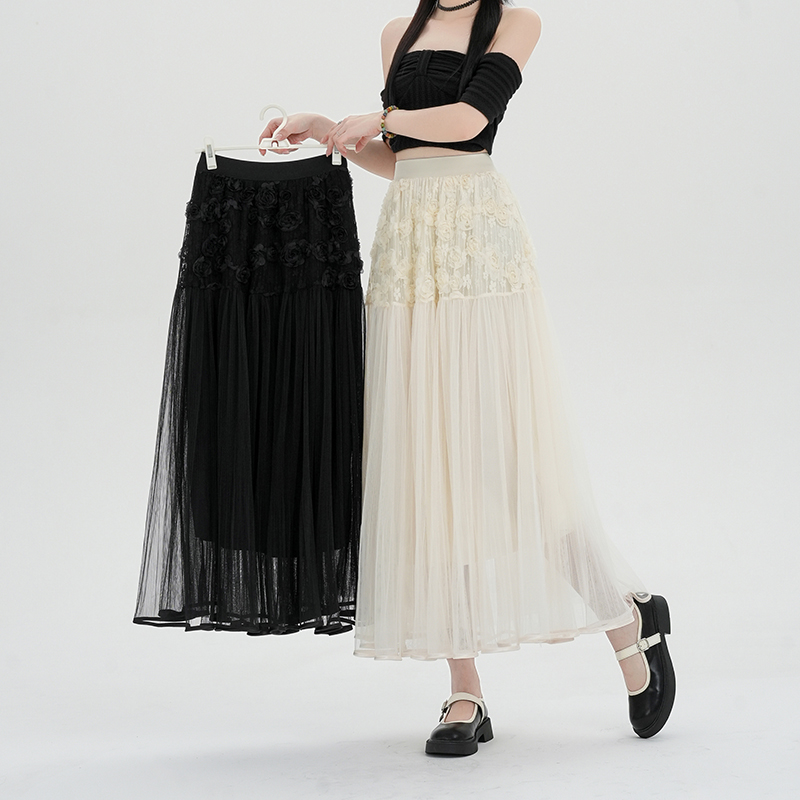 Real shot Korean version of summer three-dimensional flower skirt for women mid-length irregular umbrella skirt heavy industry mesh skirt trendy