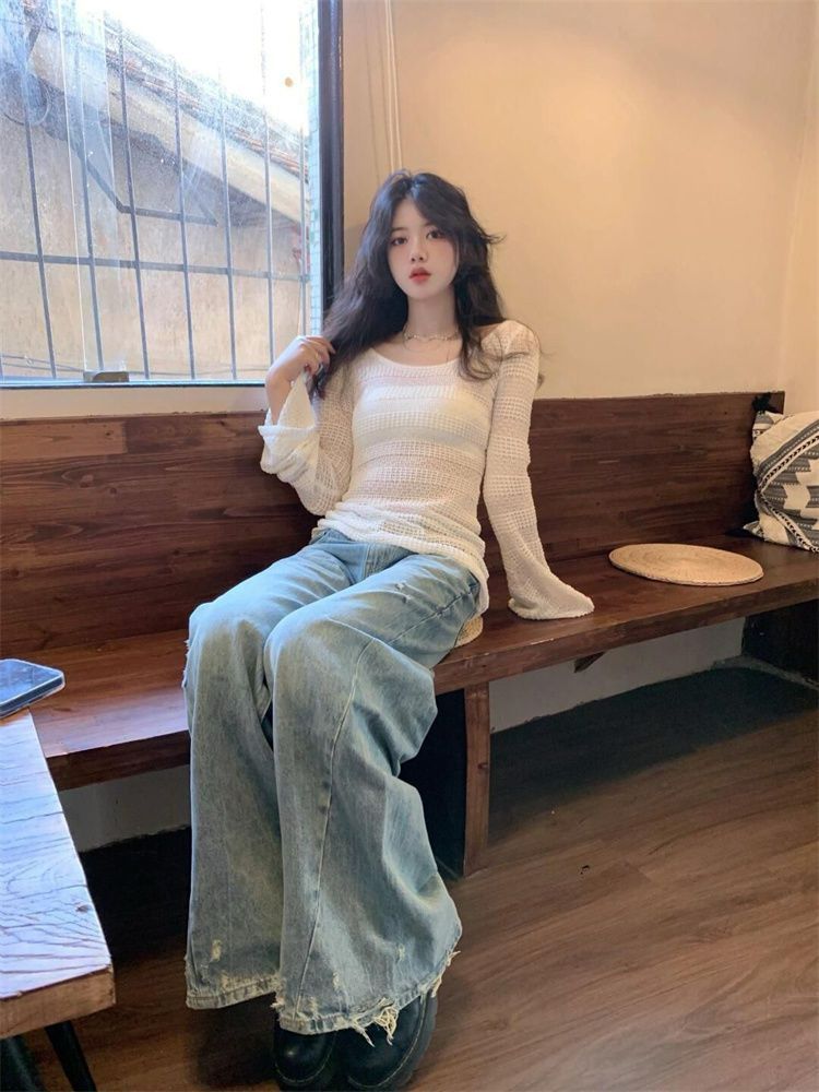 純欲辣妹喇叭袖鏤空防曬罩衫女夏季慵懶露肩抽褶收腰百搭上衣
