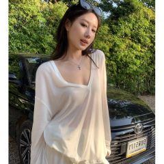 白色薄款微透v領長袖T恤女裝夏季寬鬆防曬罩衫休閒罩衣上衣