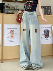 Real shot #New loose straight jeans for women's bear embroidered design wide-leg floor-sliding pants