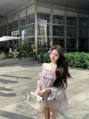Real shot Sweet and gentle temperament One-shoulder sexy hot girl long-sleeved dress short skirt