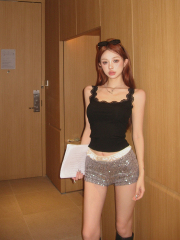 Real shot of retro sexy pure hot girl lace suspender vest + layered satin sequin shorts for women