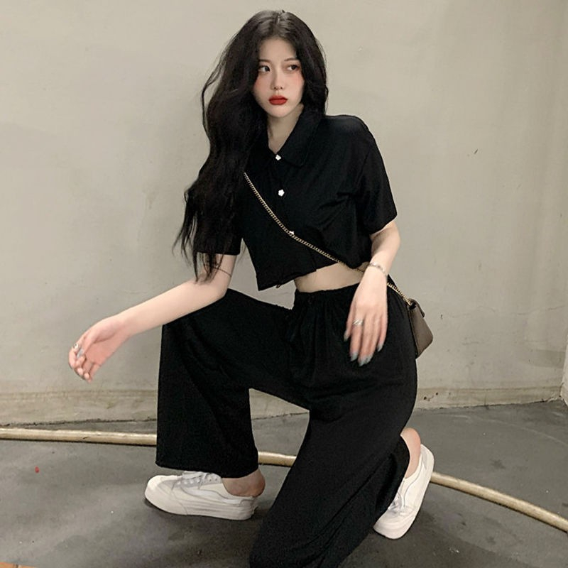 外貿新款休閒時尚套裝女夏季兩件套洋氣網紅氣質小個子顯瘦闊腿褲