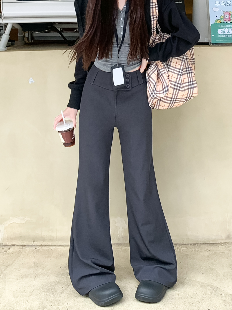 Real photo Solid color button micro-flare trousers for women, draped loose high waist pants 2025 casual floor trousers