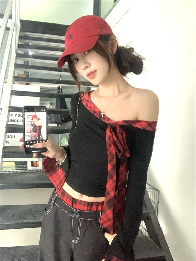 1*1 260克隨心裁性感辣妹格子紋斜肩修身T恤女秋季百搭上衣