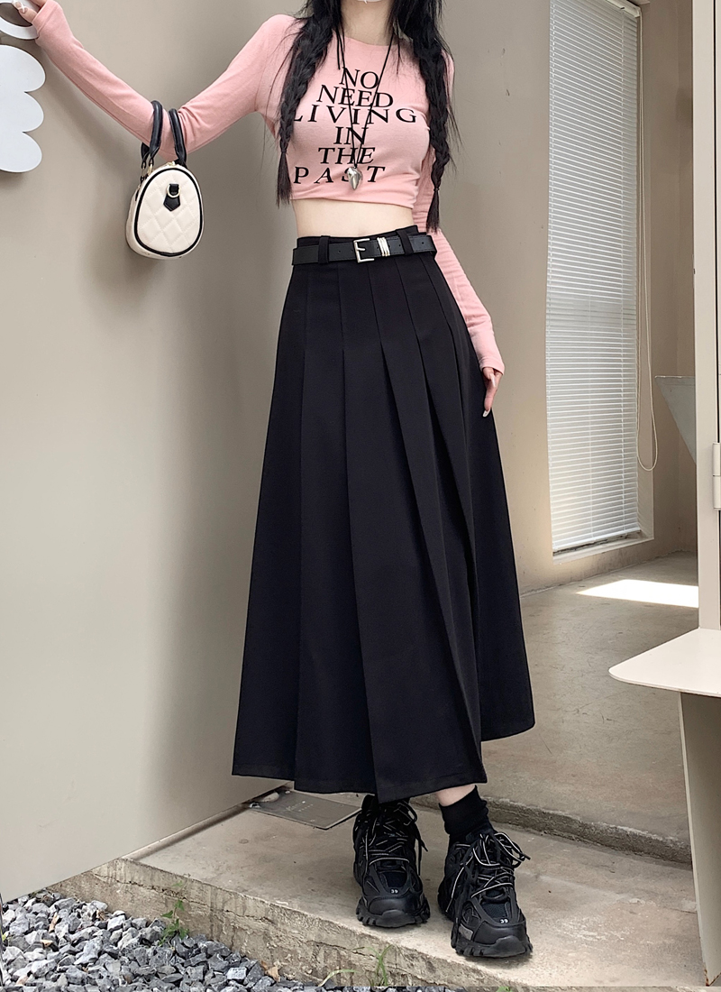 Real shot of 2025 spring gray suit mid-length skirt for women with niche high waist slim temperament casual pleated skirt