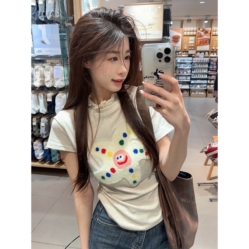 Korean foreign trade Korean summer new cartoon star embroidered T-shirt for women's spring round neck short-sleeved top