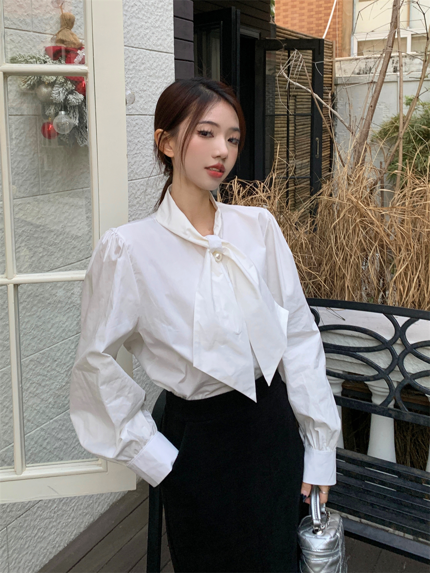 Real photo 2025 fashionable bow streamer temperament shirt white super fairy long sleeve shirt top women's fashion