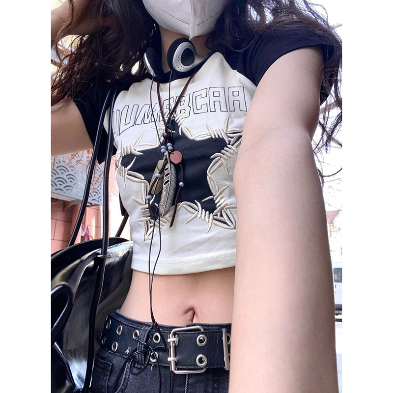 韓國外貿新款拉架棉 韓版高級感星星短袖t恤女夏季短款修身顯瘦