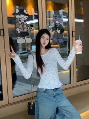 Real-price real-time cartoon printed sweet long-sleeved T-shirt with base shirt pure desire style slim black ear top