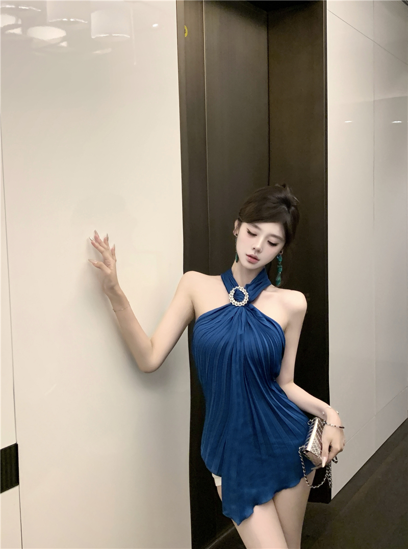 Real shot~ Heavy Industry Pleated Blue Hanging Neck Sling Dress for Women