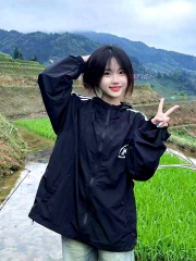 三條槓長袖連帽防曬服女夏季薄款寬鬆休閒戶外學生防曬薄款外套潮