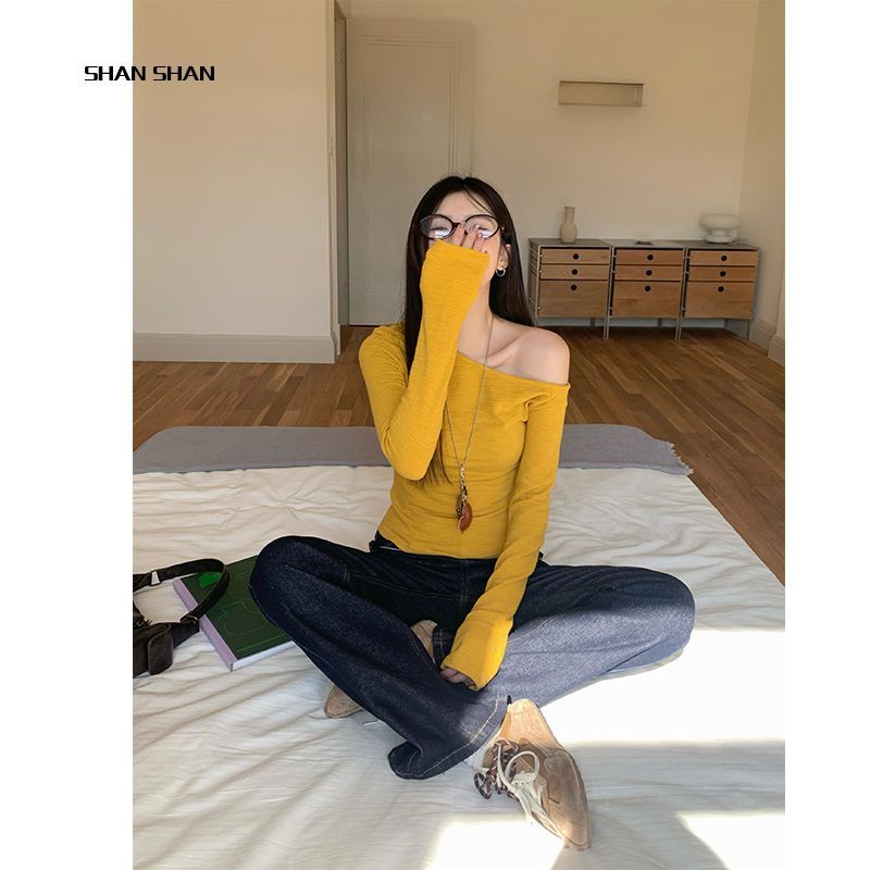 Yellow off-shoulder long-sleeved T-shirt women's base shirt off-shoulder top