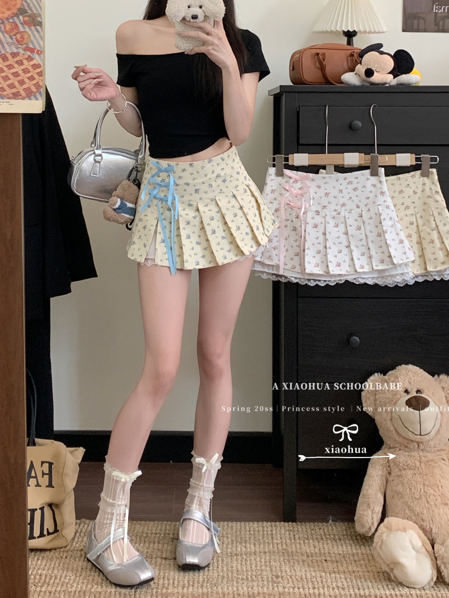 Real photo of sweet bow-breaking floral high-waisted skirt for women in summer French age-reducing anti-exposure A-line skirt