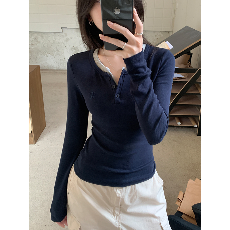 Real photo of sweet and cool hot girl slim base shirt T-shirt 2025 spring new contrasting letter embroidered short long-sleeved top