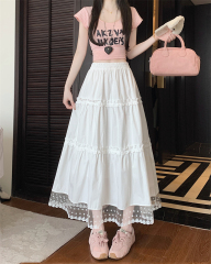 Real shot~White skirt lace-edged cake long skirt for women's new high-waisted forest design A-line long skirt