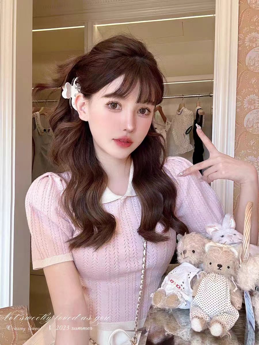 CreamySweet 少女的甜品屋 娃娃領撞色多巴胺少女針織衫鏤空上衣