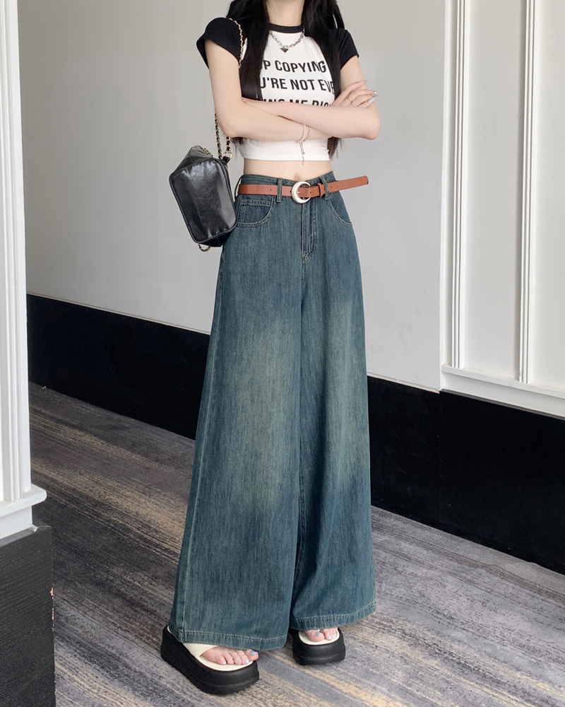 Real photo of 2025 spring soft American retro denim big feet trousers fashionable loose hot girl wide-leg pants