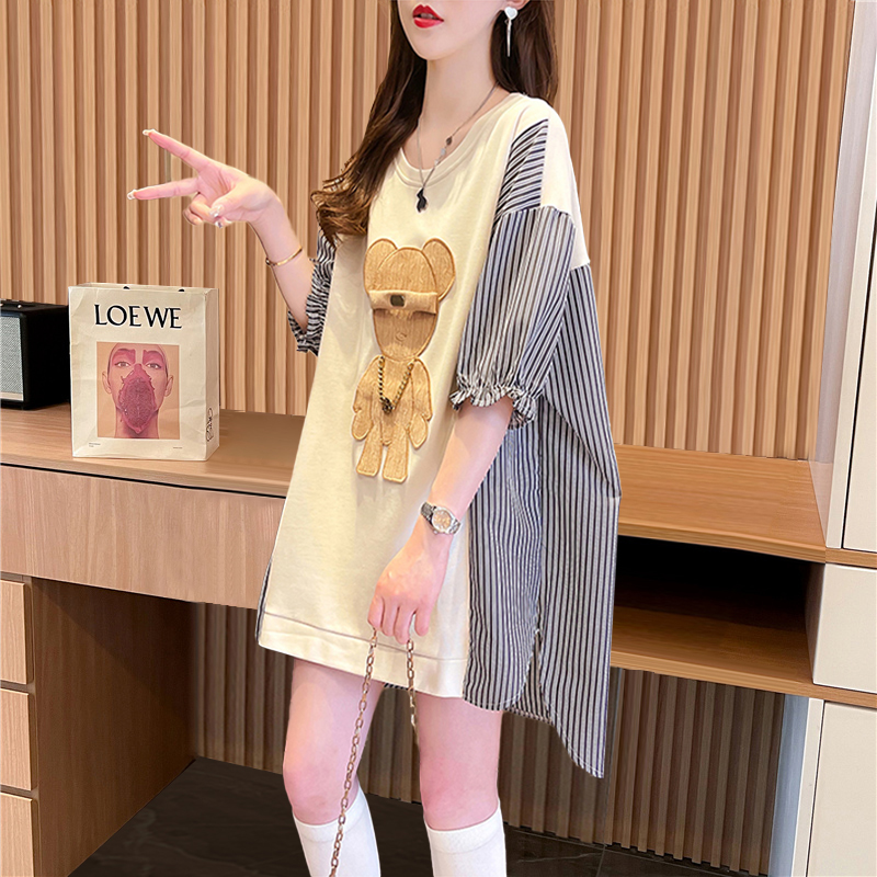 6535棉拉架夏季2025條紋設計拼接印花圓領短袖T恤女