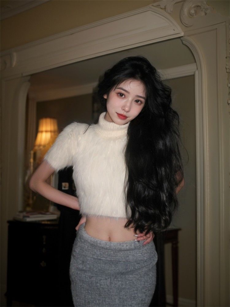 套裝女2025秋冬新款純欲辣妹修身短款半高領仿貂絨上衣包臀半身裙