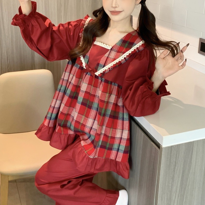 Real shot of Korean sweet princess style loose breathable pure cotton spring and autumn long-sleeved long-sleeved home clothing set