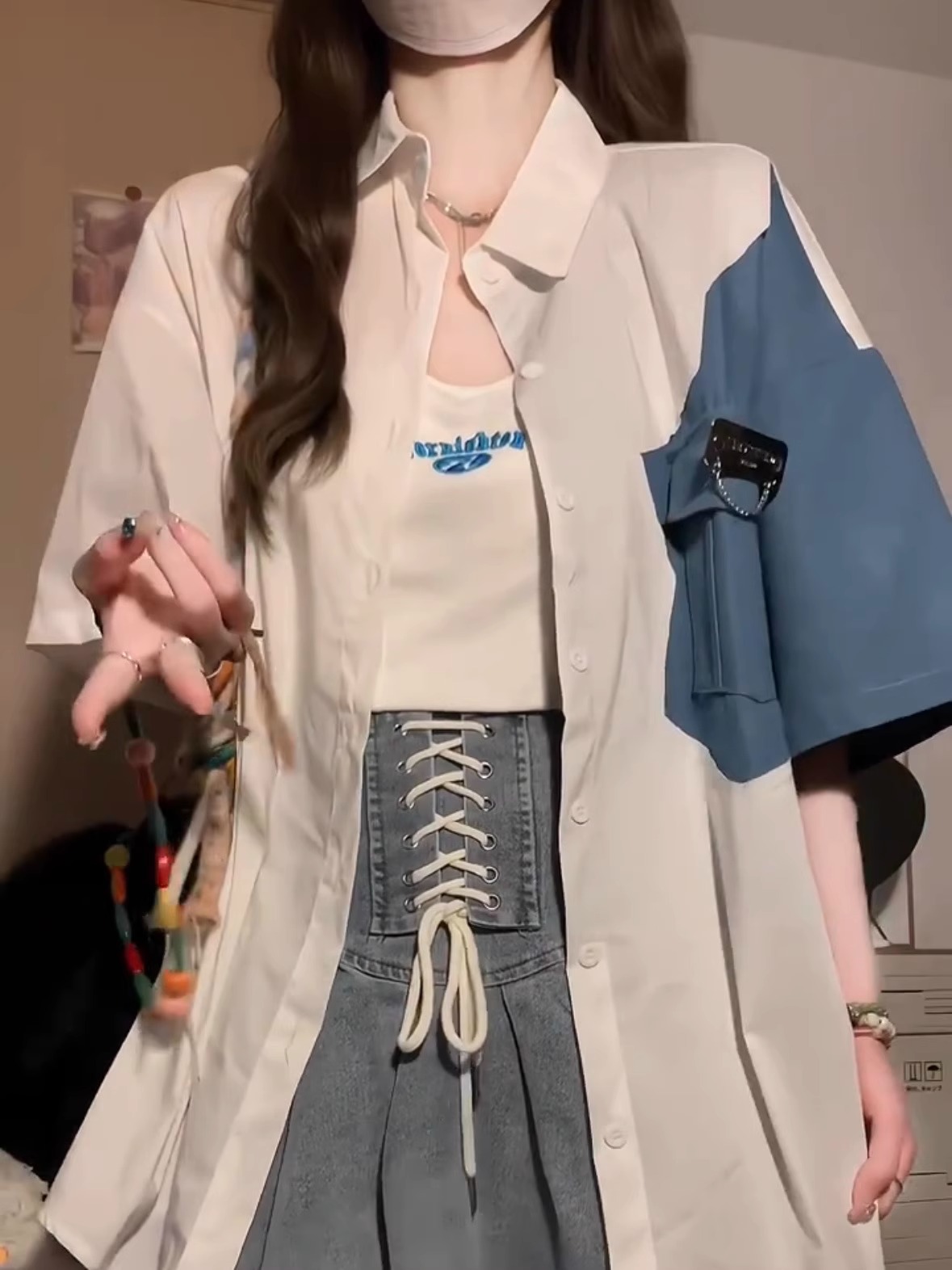 原版布料+牛仔300斤特大碼洋氣學院風撞色短袖襯衫女