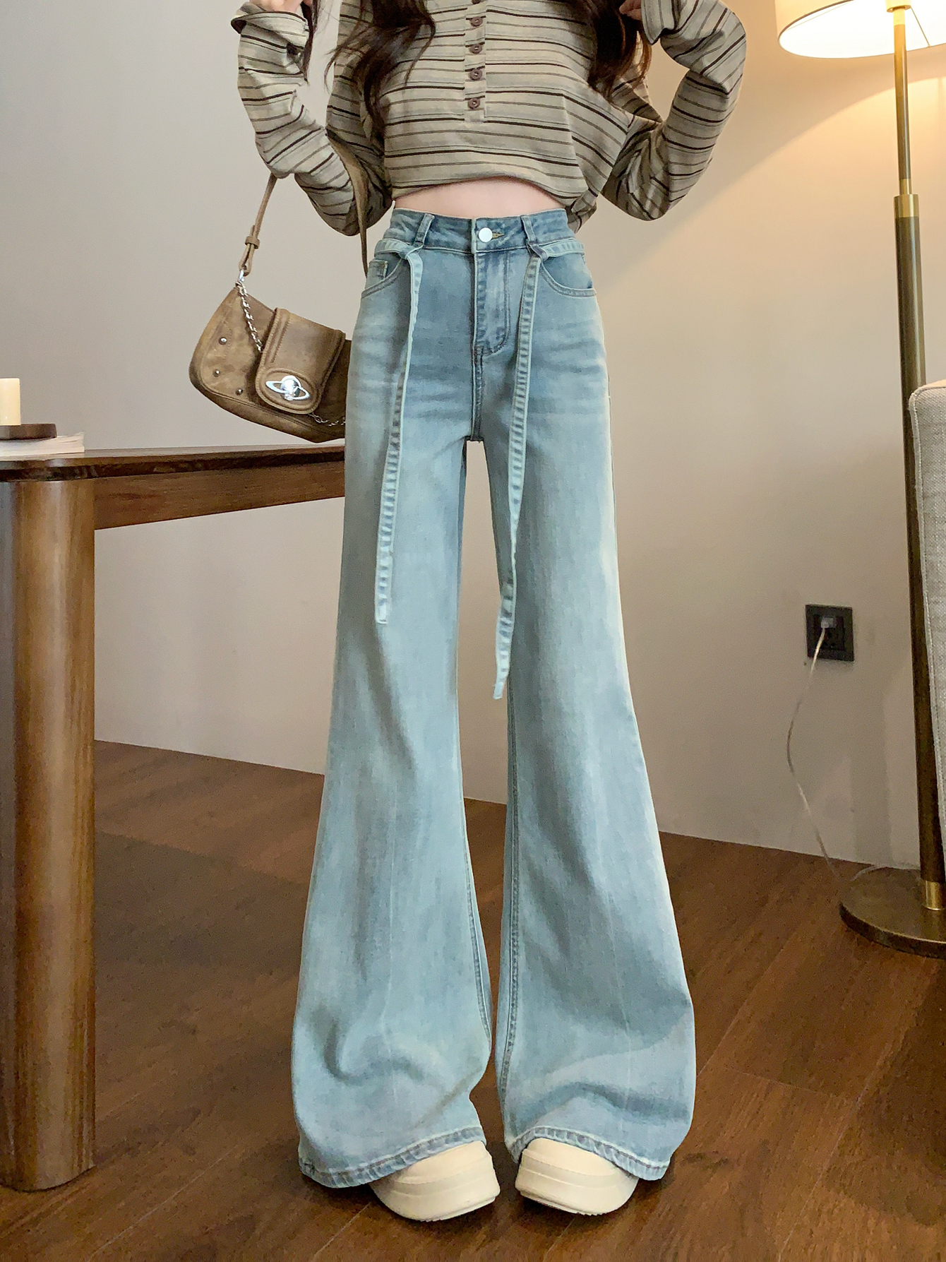 Real shot #Spring new strap jeans women's straight and slightly flared trousers wide-leg floor trousers