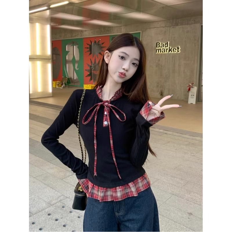 Fake two-piece contrasting color splicing long-sleeved T-shirt for women's spring slim waist-hugging slim base top