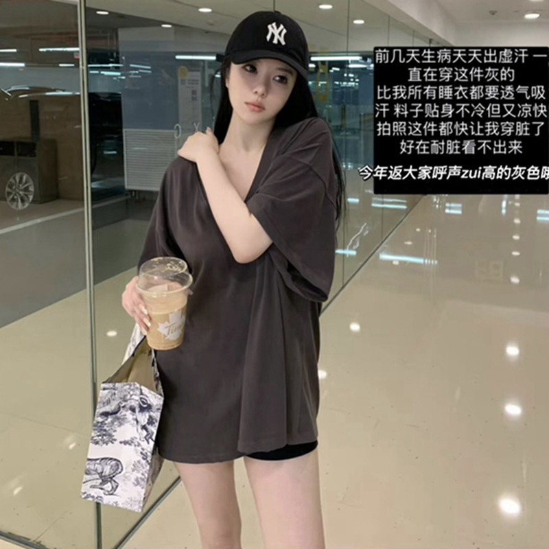 South Korea's foreign trade Korean summer new style cotton big V-neck makes the face look small and slim and loose short-sleeved T-shirt